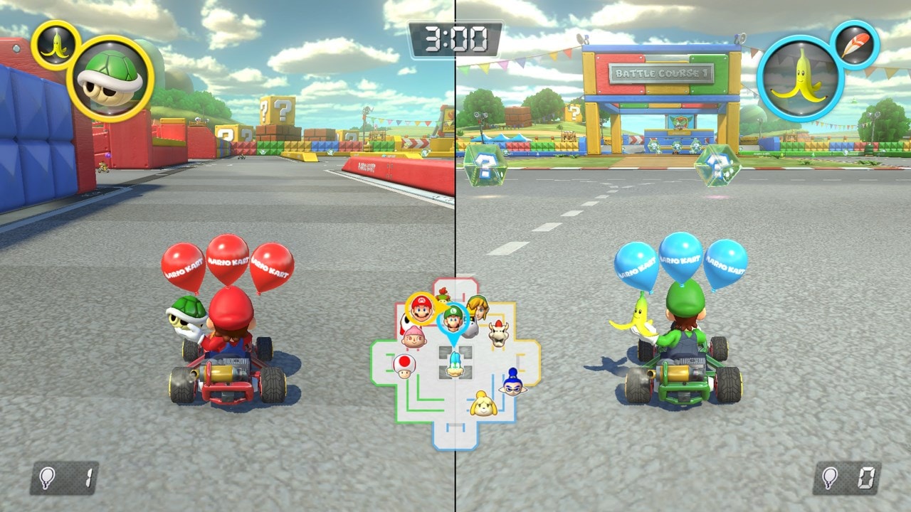 MarioKart 8 на Switch, показывающий, как Марио мчится с Луиджи на двух гоночных тележках с воздушными шарами.