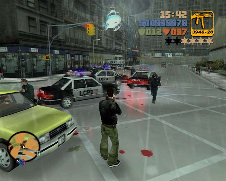 GTA 3 показывает Клода в черной кожаной куртке на стрельбе.