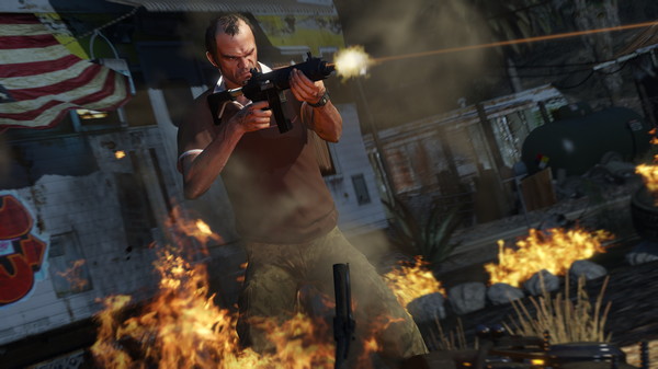 Тревор стреляет в окружении огня в GTA 5