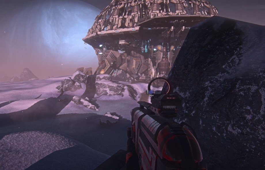Скриншот Planetside 2, показывающий заснеженную зону боевых действий.