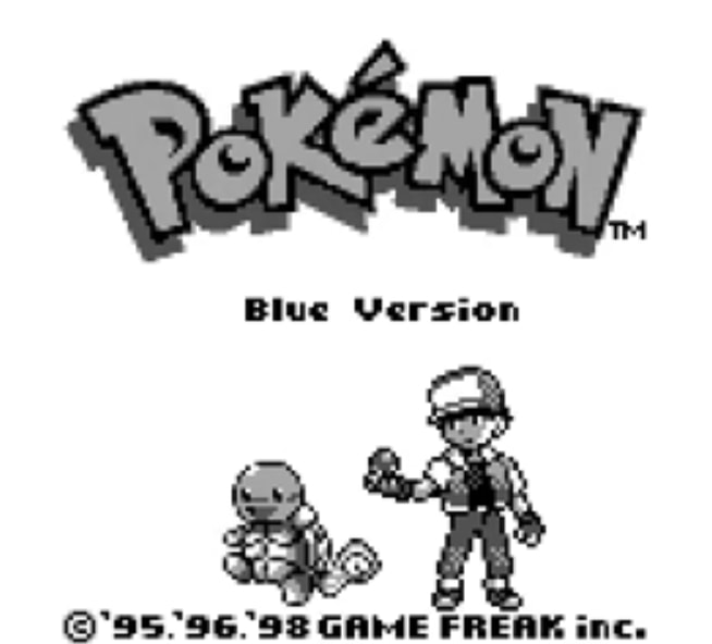 Главный экран Pokemon Blue показывает Блю со Сквиртлом.