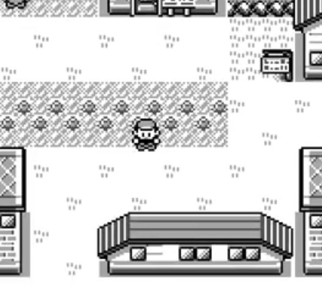 Скриншот Pokemon Blue и Red, стоящих снаружи в городе.