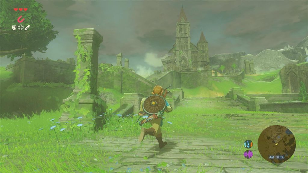 Legend of Zelda Breath of the Wild, Линк бежит к собору на расстоянии, окруженному зеленью.